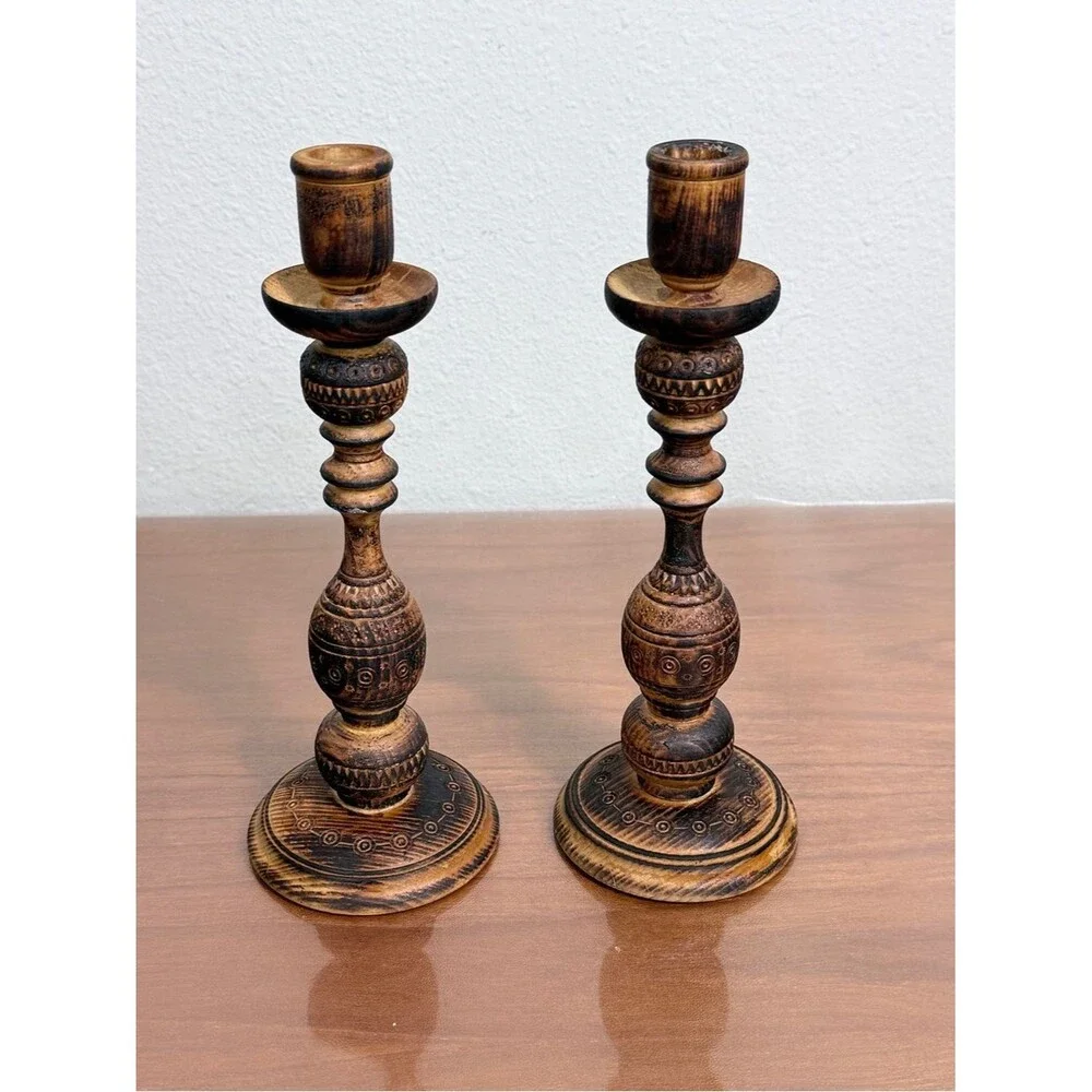 2 Carved Distressed Wood-Burned Turned Wood Candle Holders 10”